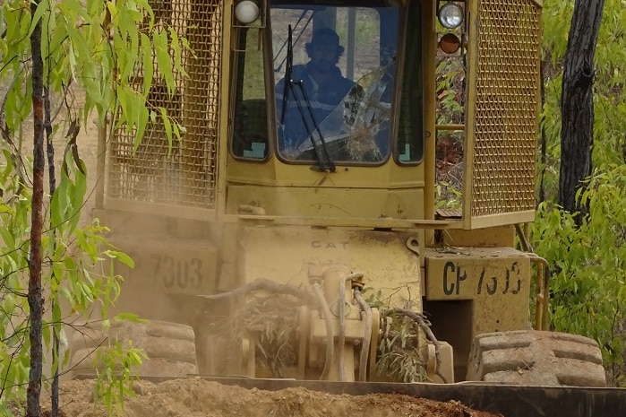 Bulldozer with soft tyre tracks grades a fire break between trees in far north Queensland savanna country