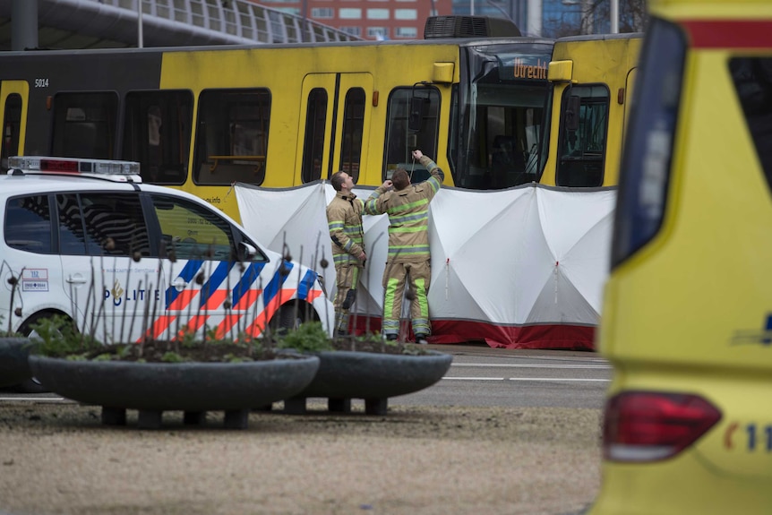 Rescue workers install a screen on the spot where a human shape was seen.