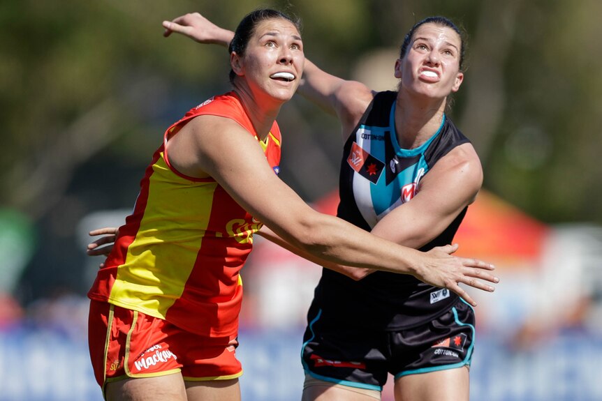 A Gold Coast Suns AFLW player and a Port Adelaide opponent push against each other ahead of a contest. 