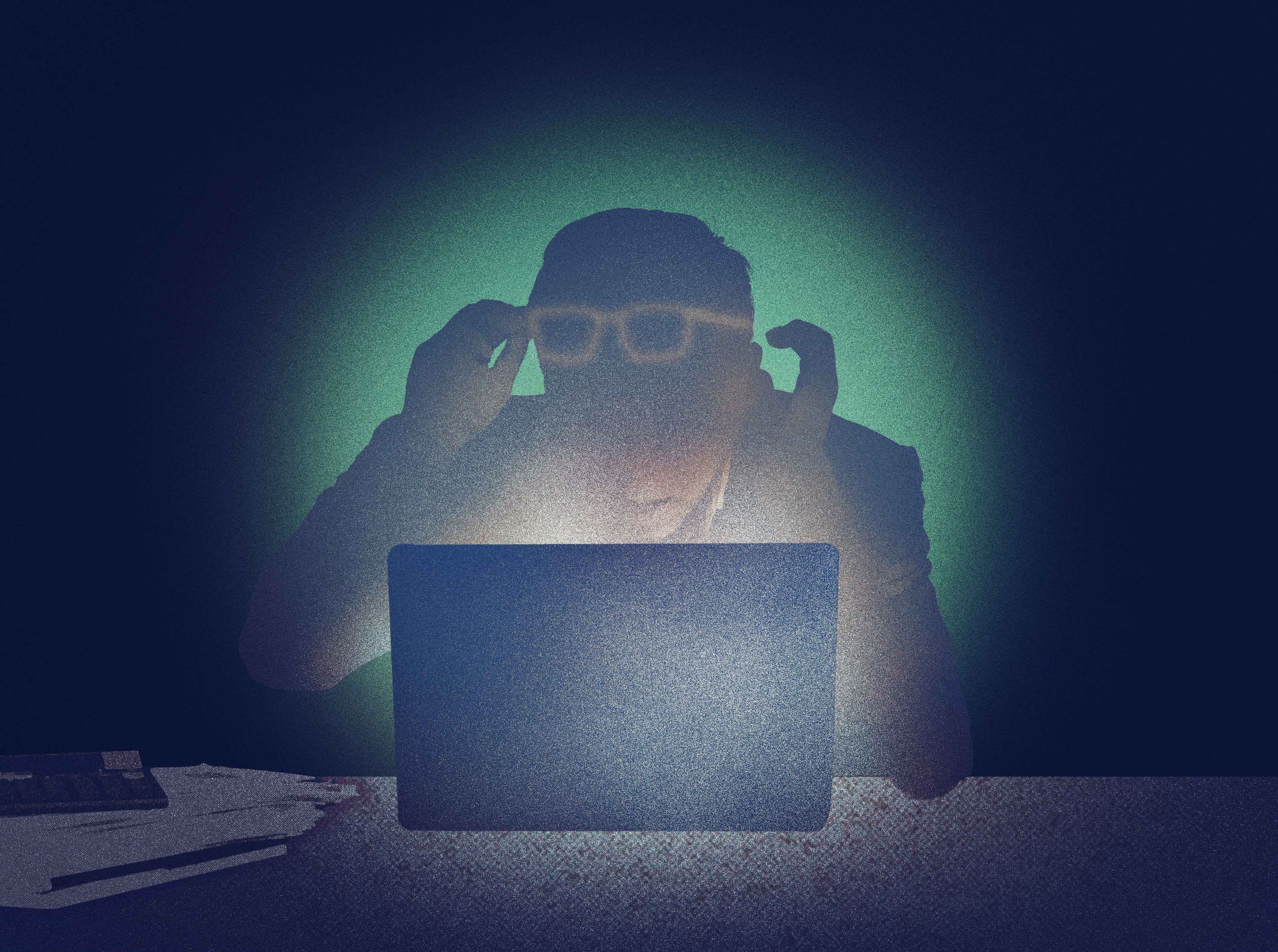 An illustration of a shocked man with both hands and glasses raised sitting at desk in front of a laptop in a dark room.