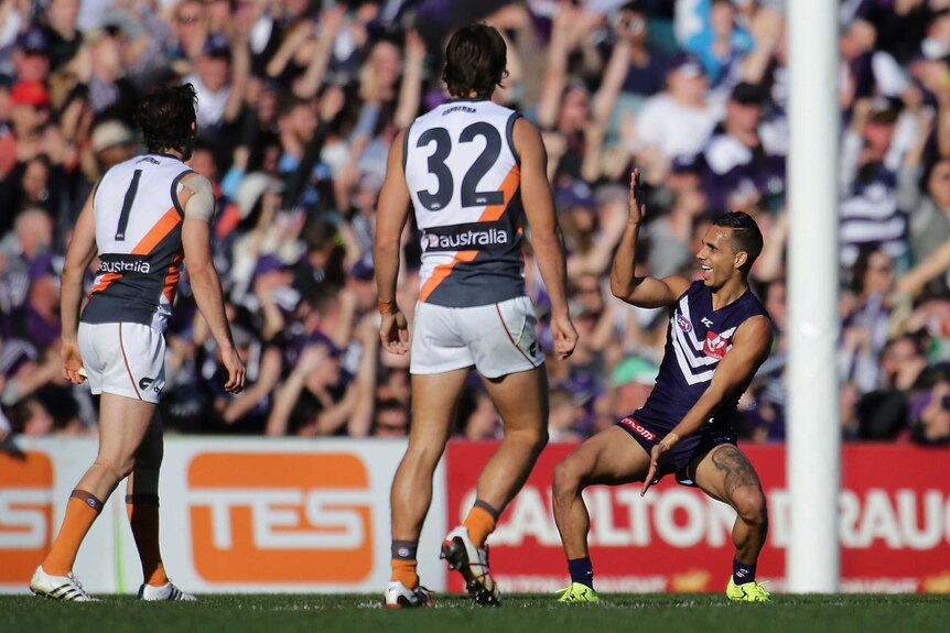 Fremantle's Danyle Pearce celebrates a goal against GWS at Subiaco Oval.