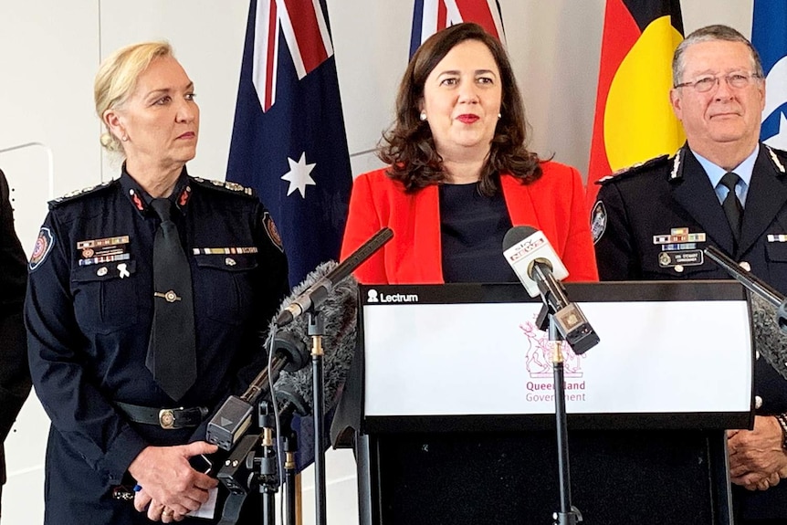 Katarina Carroll, Annastacia Palaszczuk, and Ian Stewart at a media conference in Brisbane.