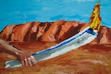 A painting with large brush strokes depicting a hand holding a lit Sydney Olympic torch in front of Uluru.