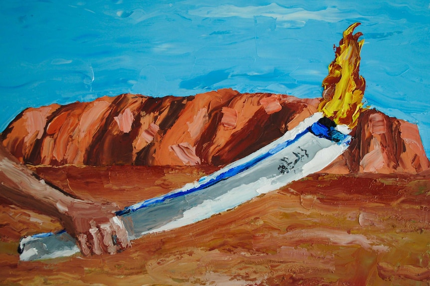 A painting with large brush strokes depicting a hand holding a lit Sydney Olympic torch in front of Uluru.