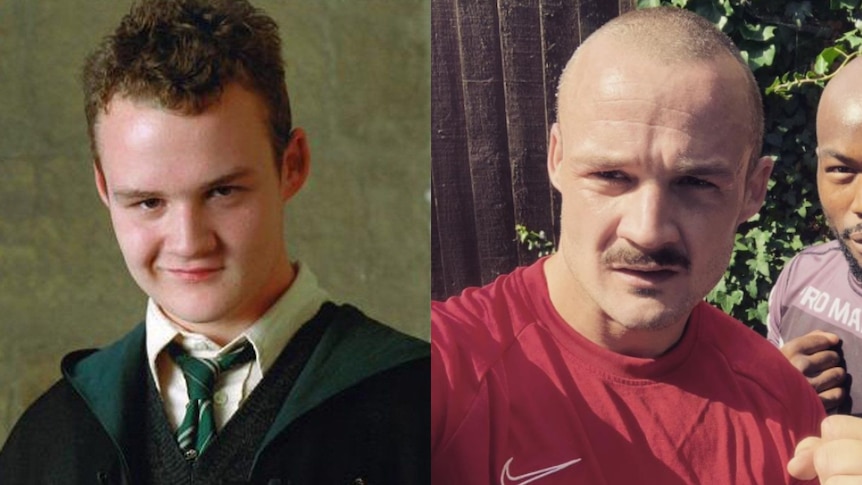 A composite photo showing the character of Gregory Goyle and a recent photo of Josh Herdman.