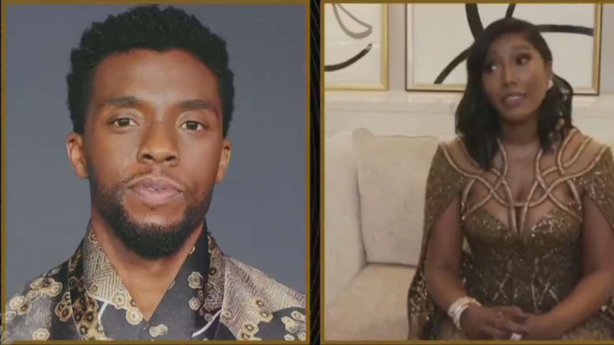 A composite image of Chadwick Boseman and Taylor Simone Ledward.