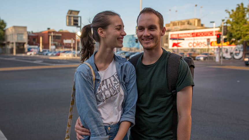 Jack Brant and Elise Bryant standing in Footscray's main street