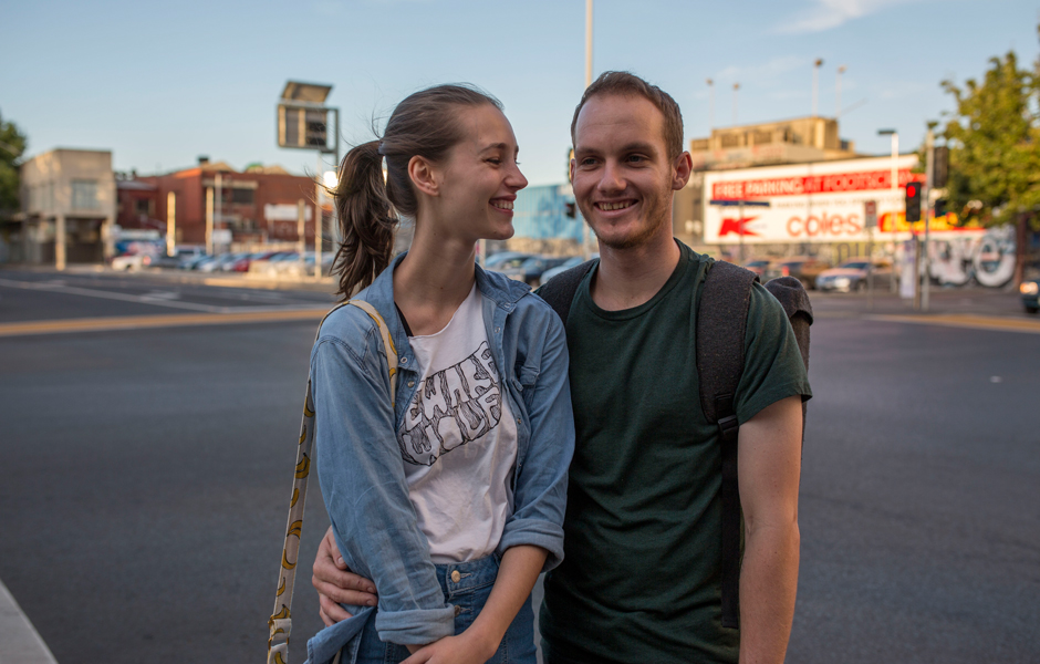 Jack Brant and Elise Bryant standing in Footscray's main street