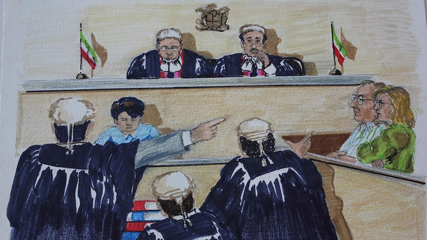 Judges at bench, barristers point captured in sketch
