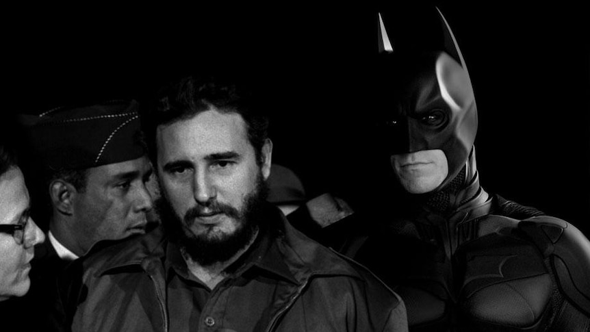 His doctored images are often surreal, like this one of Fidel Castro and Batman.