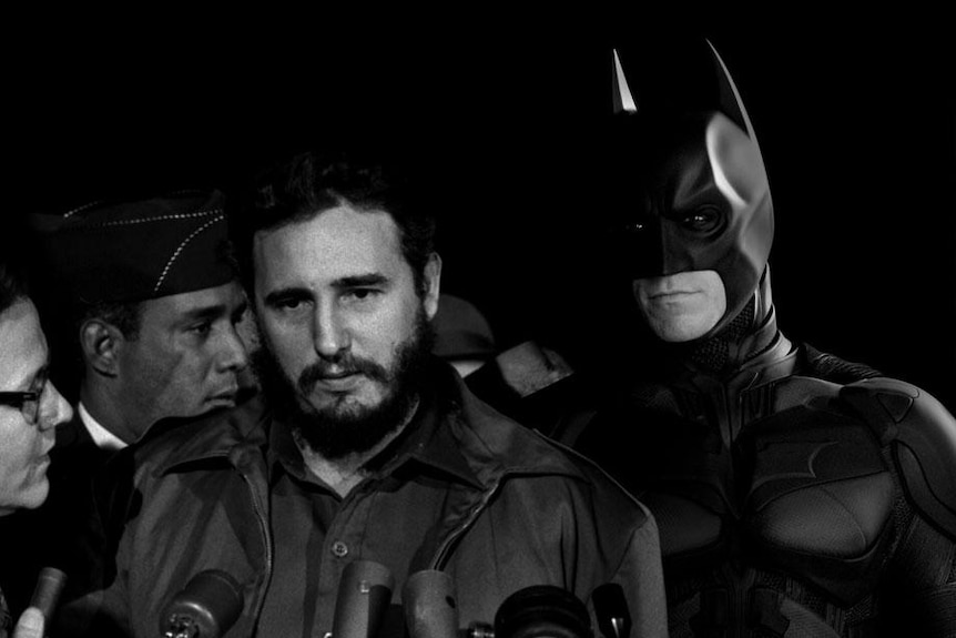 His doctored images are often surreal, like this one of Fidel Castro and Batman.