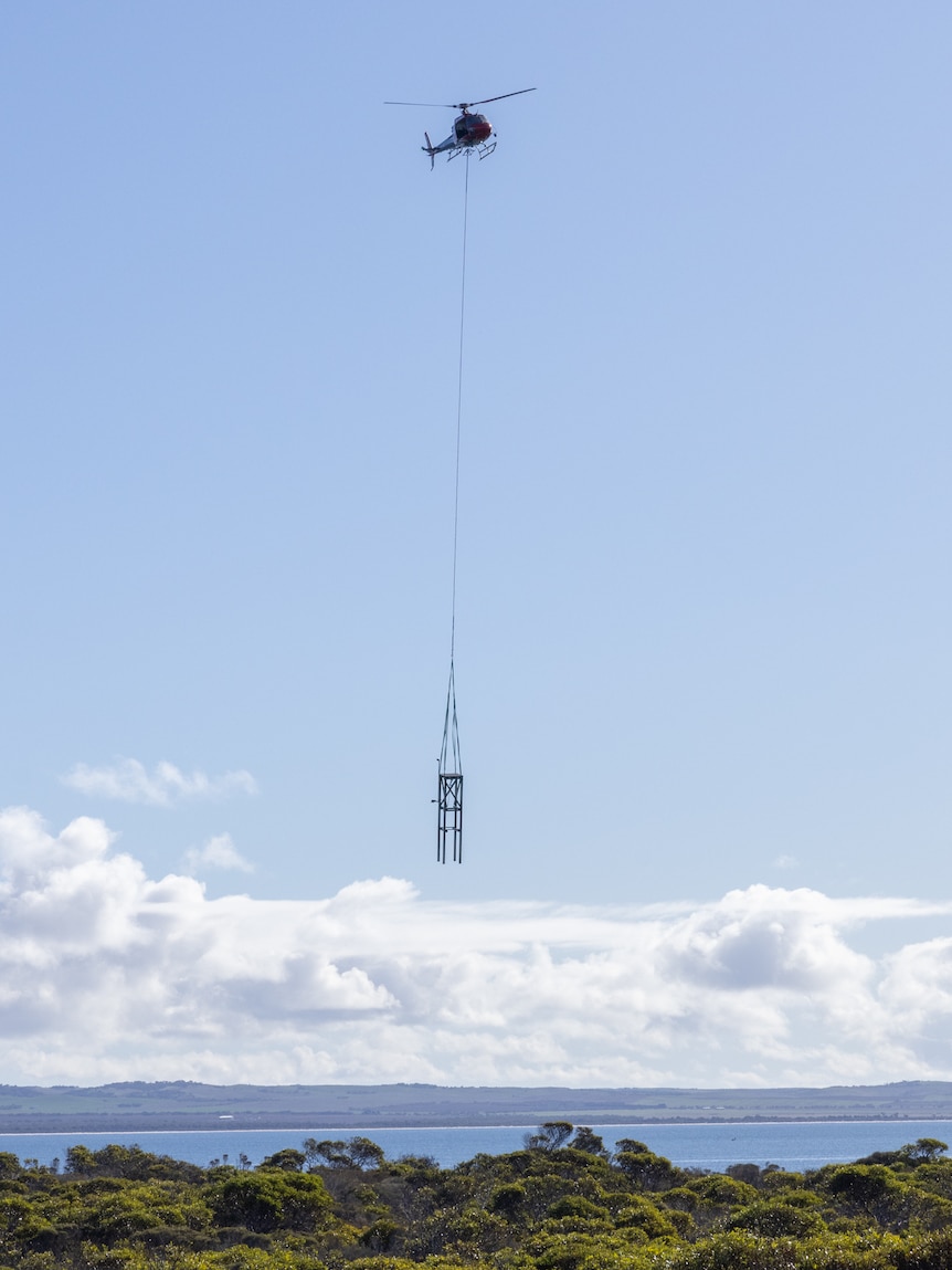 A helicopter is shown transporting the osprey platform across the water and onto Tumby Island. 