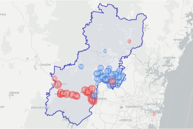 A map with large groupings of red and blue dots clustered together.