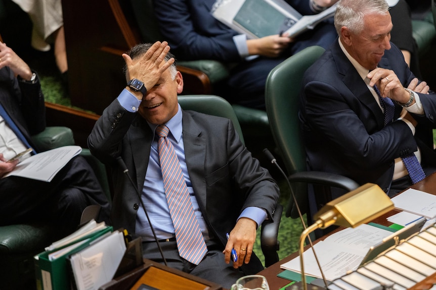 John Pesutto sitting in Question Time putting the palm of his hand to his forehead. 