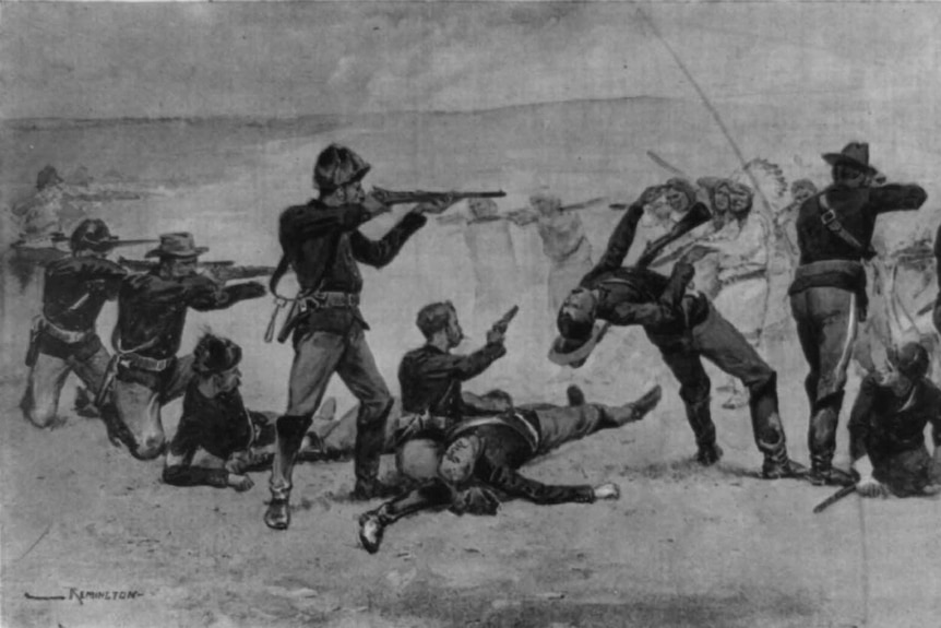 Old photo showing shooting soldiers at the massacre at Wounded Knee