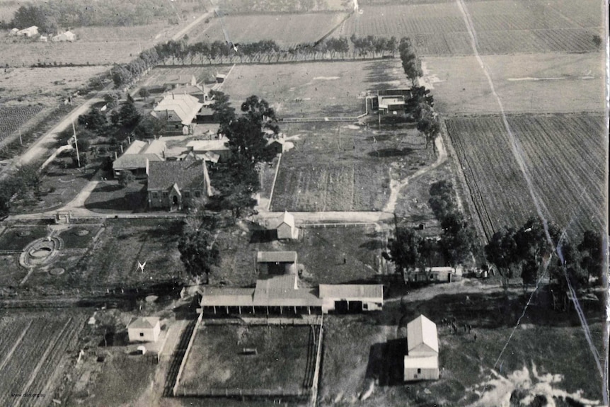 A historic black and white photo of the Tally Ho Boys Training Farm.