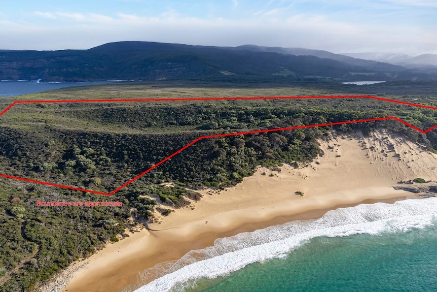 A red line indicates boundaries on a block of land near the beach.