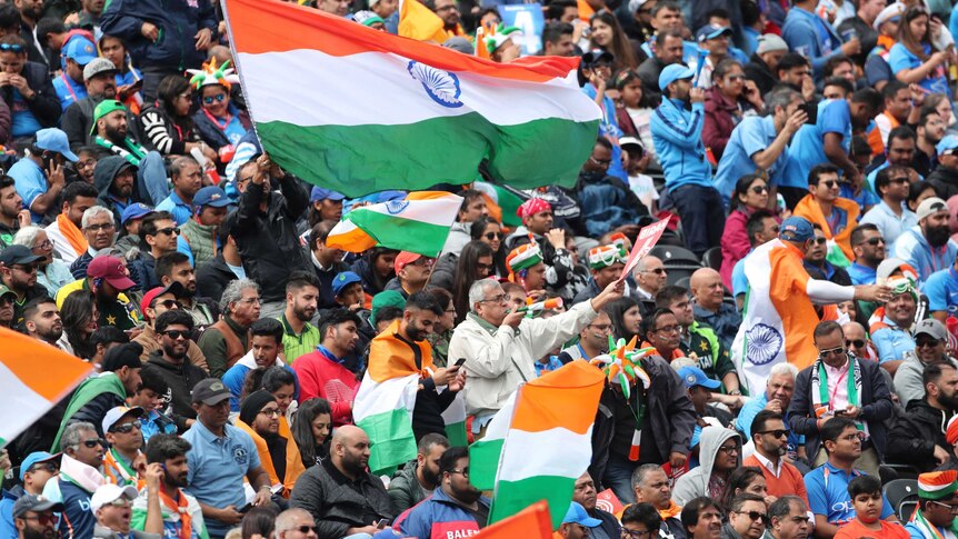 Cricket fans wave flags at the Cricket World Cup.