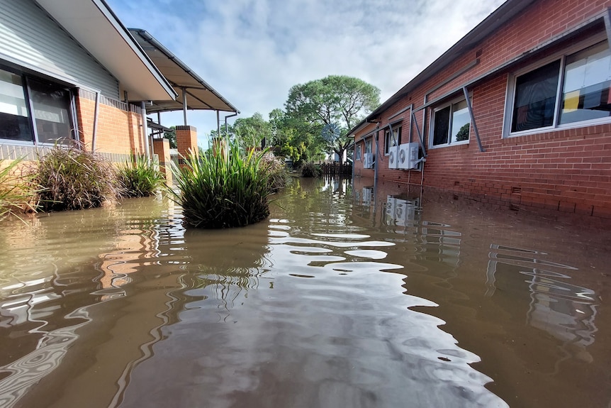 Flood waters between the buildings at St Mary's Primary school