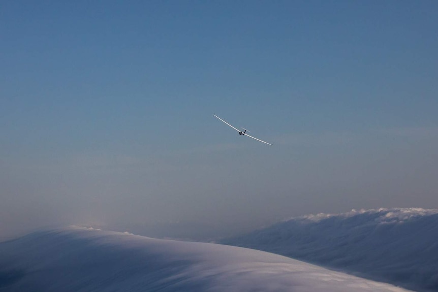 Glider in the sky with a cloud wave behind it.