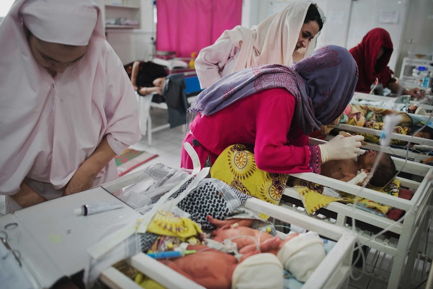 Newborns are examined in an Afghanistan maternity hospital.