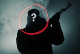 A silouette of a man holding a gun with a question mark around his head 