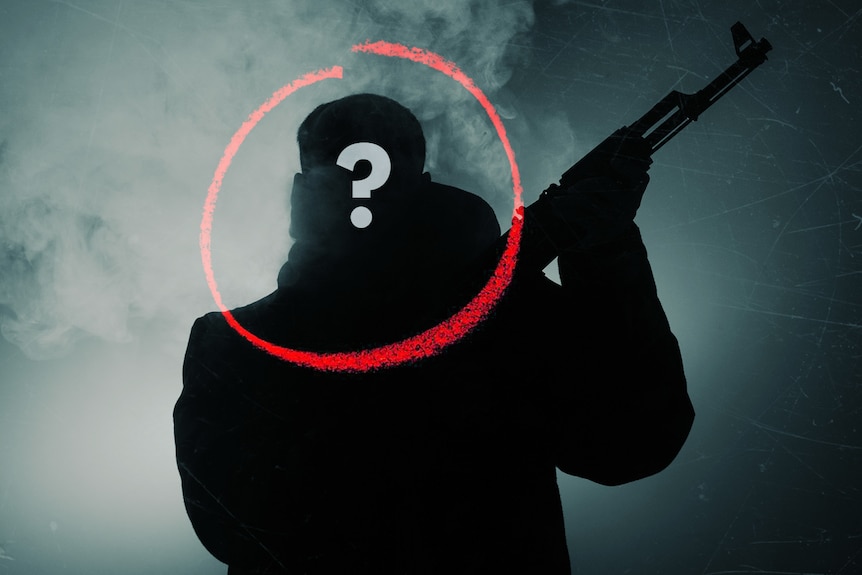 A silouette of a man holding a gun with a question mark around his head 