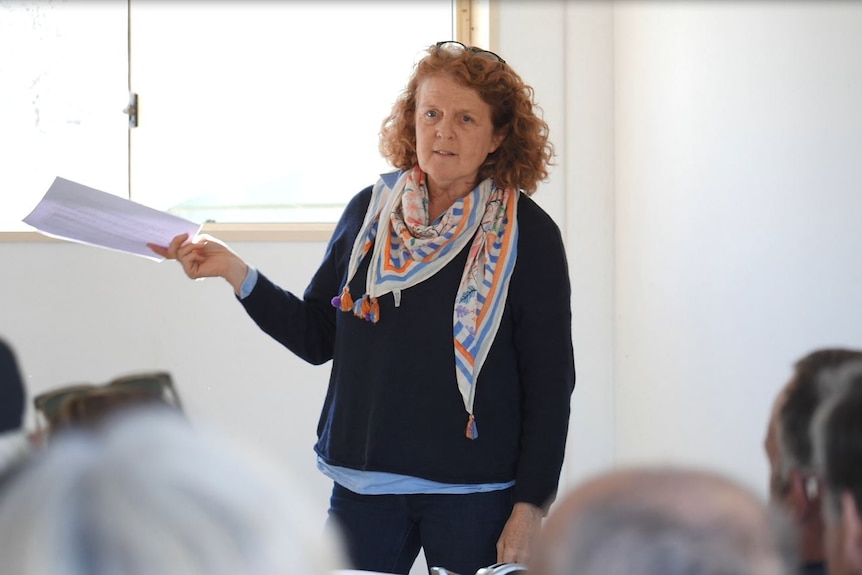 Woman stands addressing a community meeting