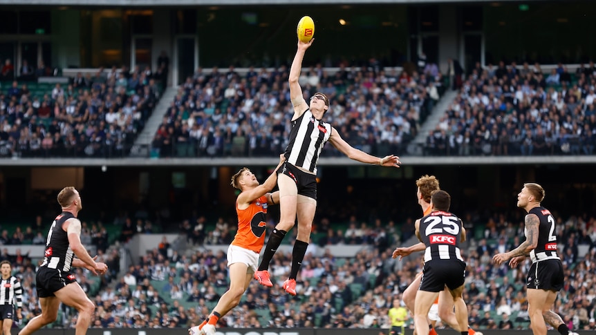 Collingwood's Mason Cox leaps high and takes the ball in one hand at a contest as players stand around.
