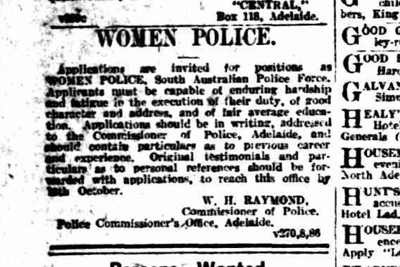 The ad placed on page 13 of The Advertiser, September 27, 1915, calling for applications for female police officer positions.