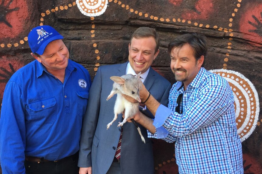 (LtoR) Save the Bilby Fund CEO Kevin Bradley, Qld National Parks Minister Dr Steven Miles and Dreamworld's, Al Mucci