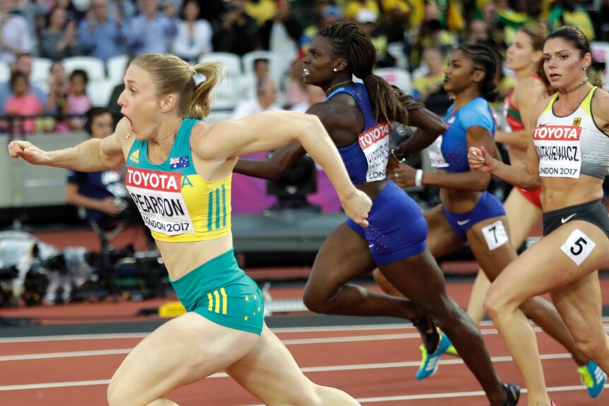 Sally Pearson looks surprised as she crosses the line to win the 100m hurdles at the World Championships.