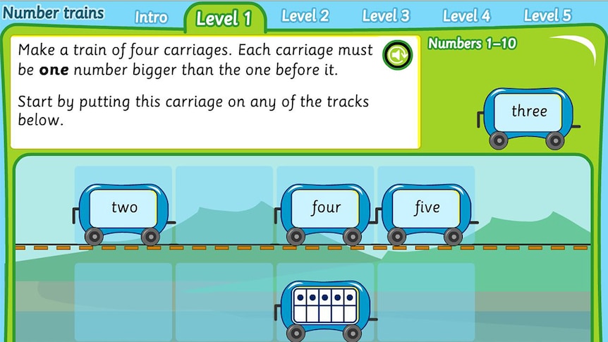 Game screenshot shows little train carriages with number labels