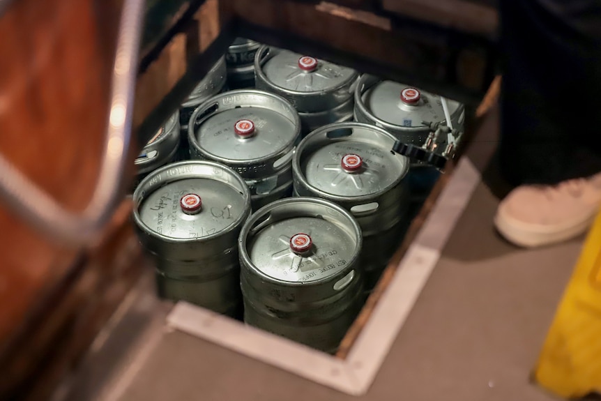 A row of silver beer kegs seen through a trapdoor to an underground cellar.