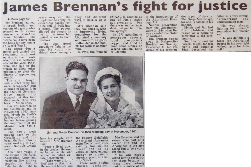 A newspaper clipping featuring a photo of James Brennan and his wife Myrtle.