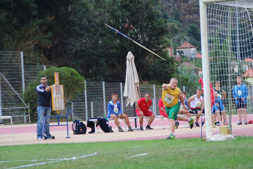 Andre Rivett throwing a javelin, one of the three events he competes in (Supplied)