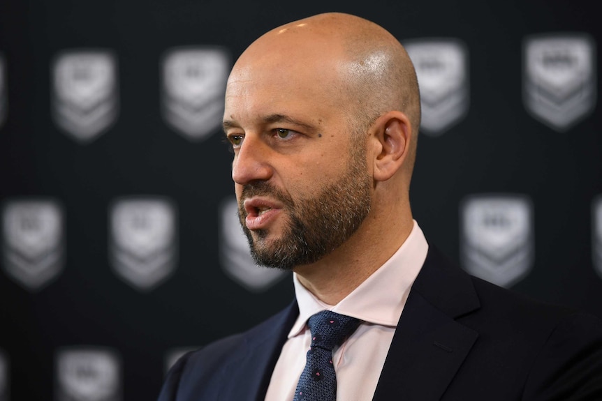 The NRL CEO speaks at a media conference in Sydney.