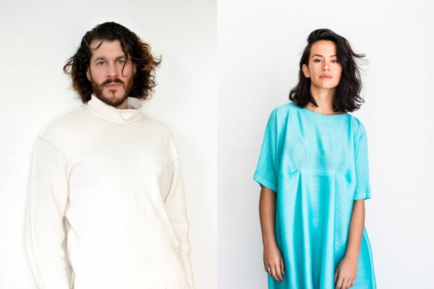 Portraits of Sam Lieblich in a white turtleneck and Amrita Hepi in a blue smock dress