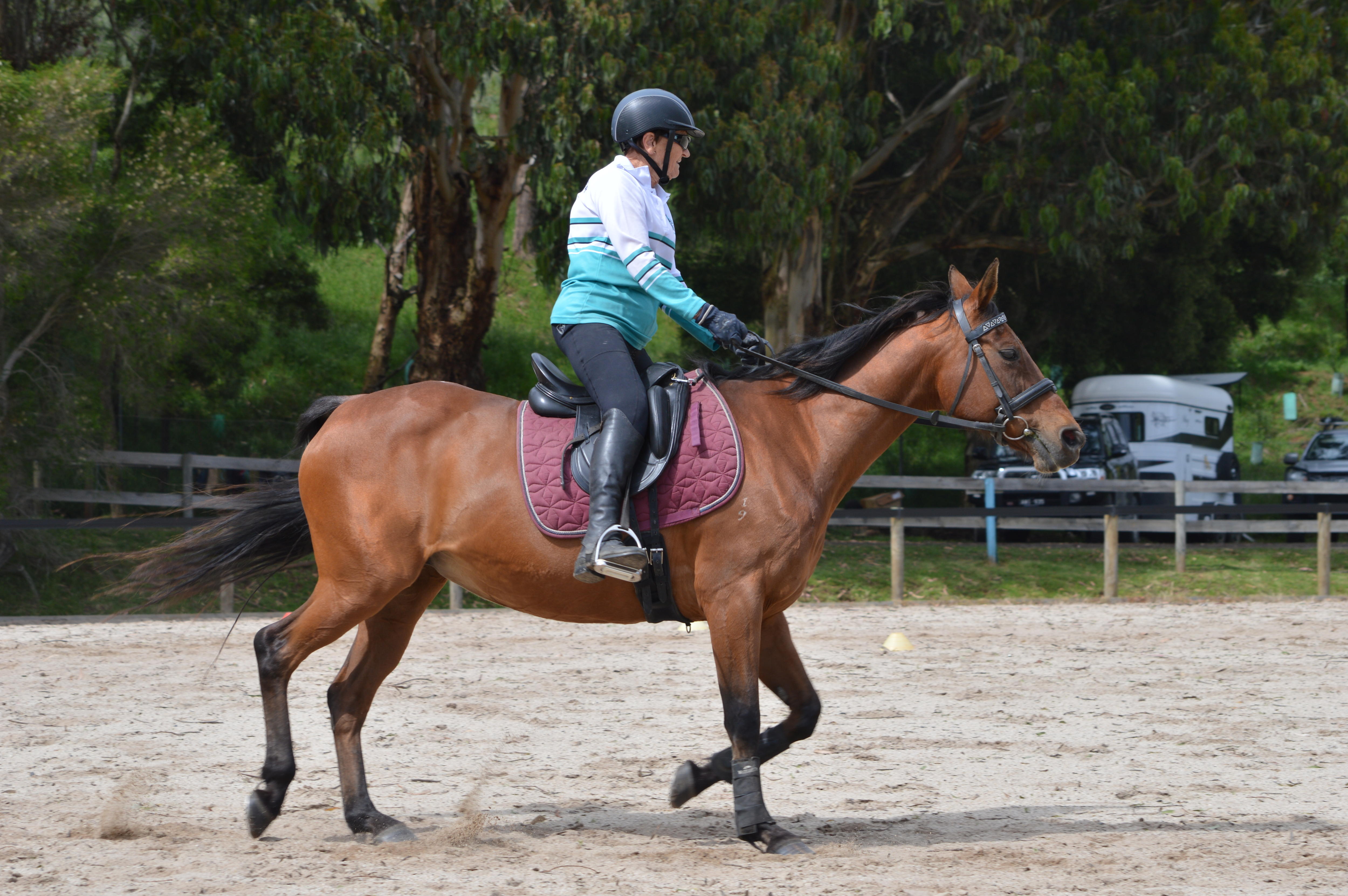 Joan Jeffery monta seu cavalo.