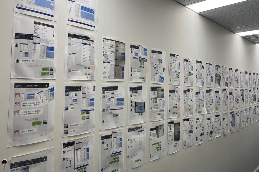 Print-outs stuck to the wall in a classroom.