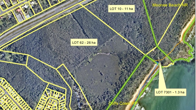 A map highlighting two properties that have been purchased for environmental reasons.