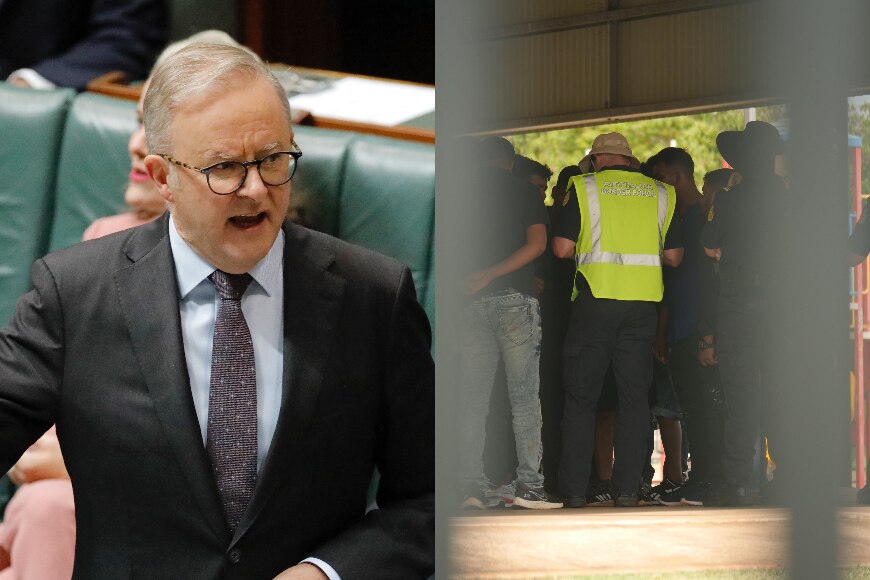  Albanese addressing reps chamber alongside border force officials at a school with asylum seekers. 