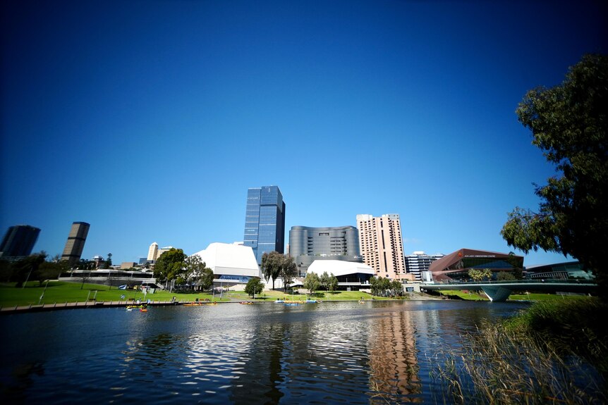 The river torrens with a park and high-rise buildings in the background