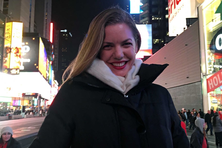 Hannah Durack in New York City in Times Square.