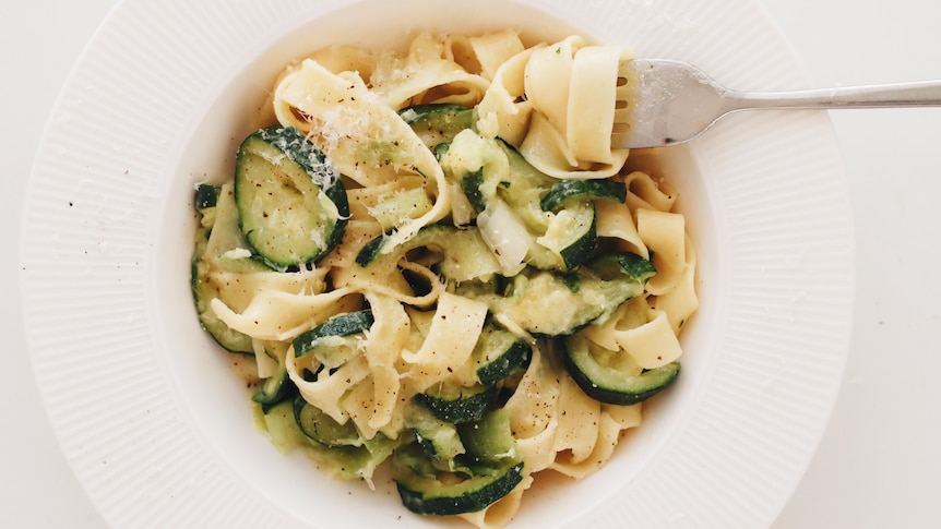 A bowl of Heidi Sze's zucchini and leek pasta.