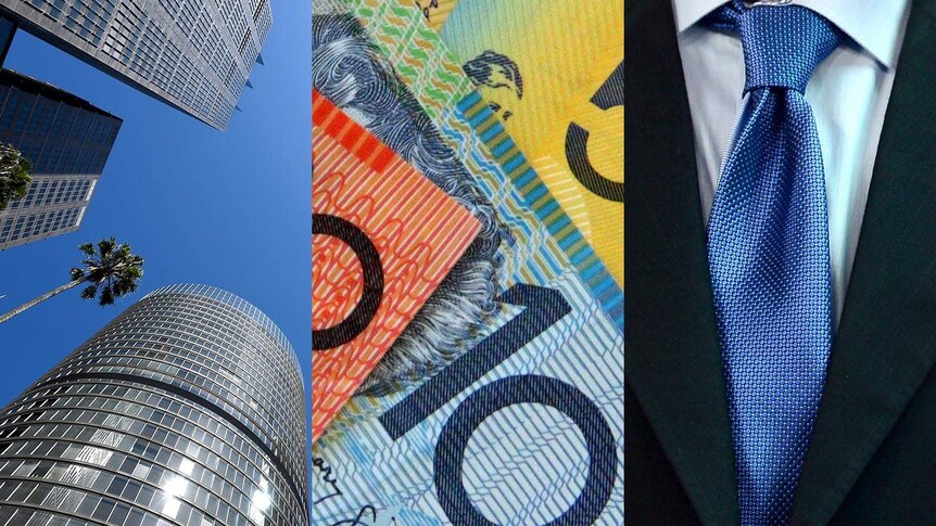 Composite of buildings, Australian dollar notes and a shirt and tie.