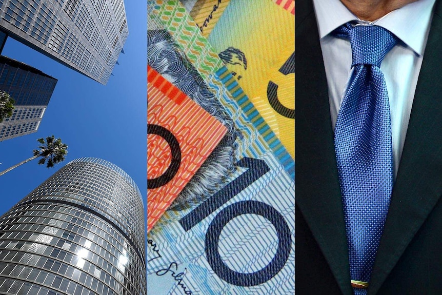 Composite of buildings, Australian dollar notes and a shirt and tie.