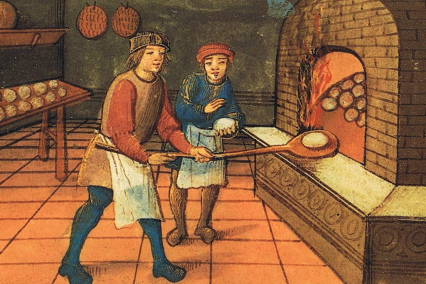 Colored drawing of two people standing around a clay oven and a large tray with ten small pies on it.