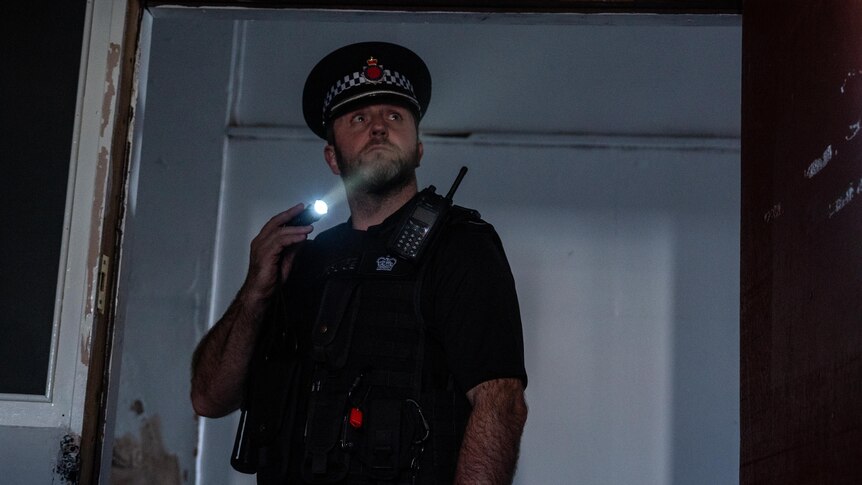 A police officer with a torch.