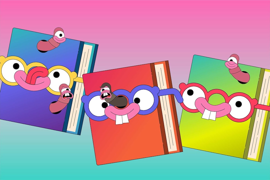 Illustration of three books with buckteeth wearing glasses and have bookworms emerging from books.